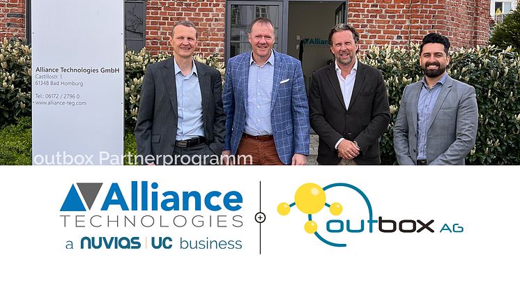 Thomas Grotz und Bernd Schlägel vom Vorstand der outbox AG mit Dietmar Kraume und Sagar Gandi Geschäftsführung der Alliance Technologies