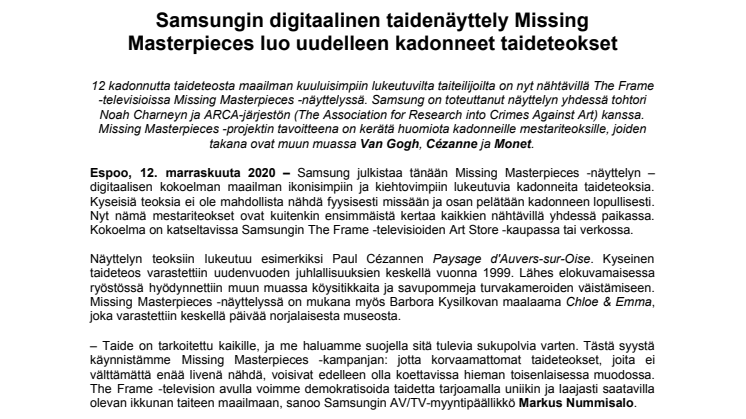 Samsungin digitaalinen taidenäyttely Missing Masterpieces luo uudelleen kadonneet taideteokset
