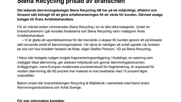 Stena Recycling prisad av branschen
