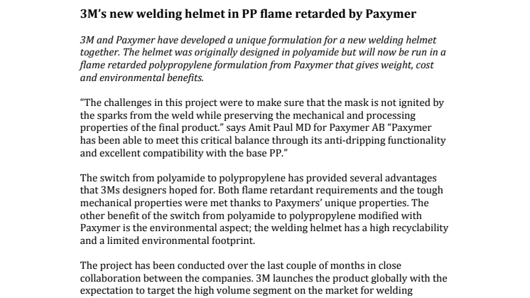 3M’s new welding helmet in flame retardant PP from Paxymer