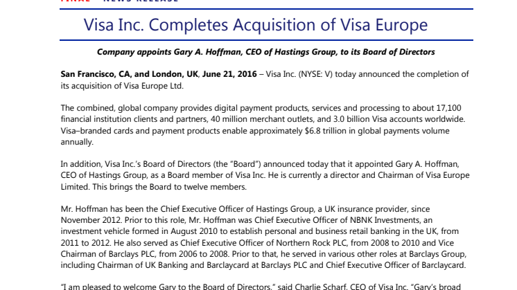 Visa Inc. Completes Acquisition of Visa Europe