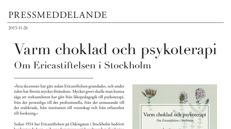 Varm choklad och psykoterapi – om Ericastiftelsen i Stockholm