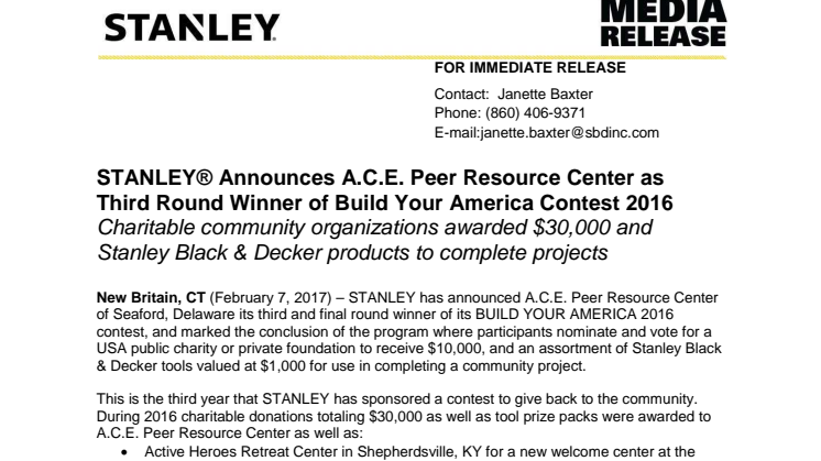 STANLEY® Announces A.C.E. Peer Resource Center as  Third Round Winner of Build Your America Contest 2016 