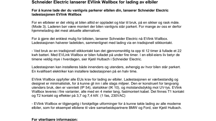 Schneider Electric lanserer EVlink Wallbox for lading av elbiler