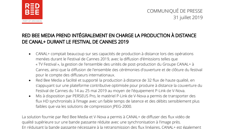 RED BEE MEDIA PREND INTÉGRALEMENT EN CHARGE LA PRODUCTION À DISTANCE DE CANAL+ DURANT LE FESTIVAL DE CANNES 2019