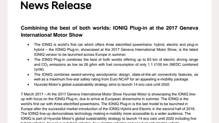 Hyundai med ladbar IONIQ og ny hydrogenbil på årets bilmesse i Geneve