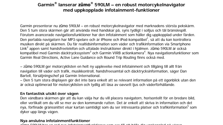 Garmin® lanserar zūmo® 590LM – en robust motorcykelnavigator med uppkopplade infotainment-funktioner