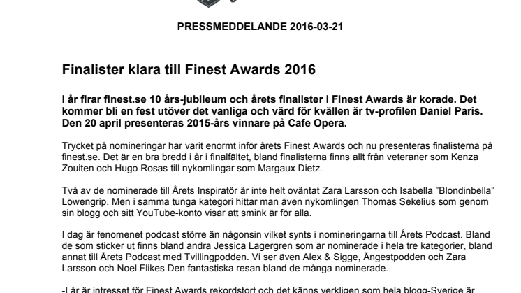 Finalister klara till Finest Awards 2016