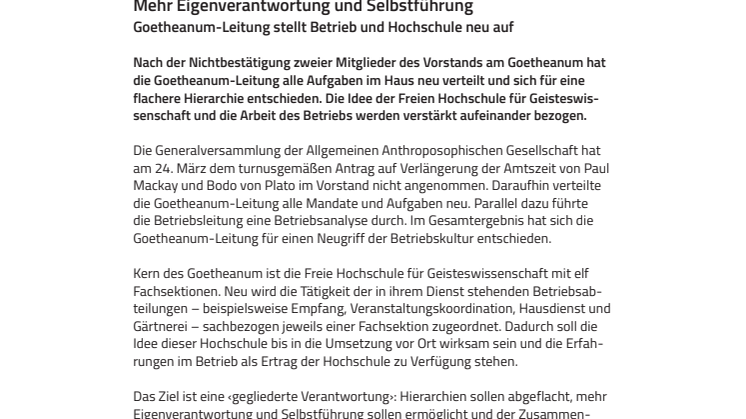 Mehr Eigenverantwortung und Selbstführung. ​Goetheanum-Leitung stellt Betrieb und Hochschule neu auf