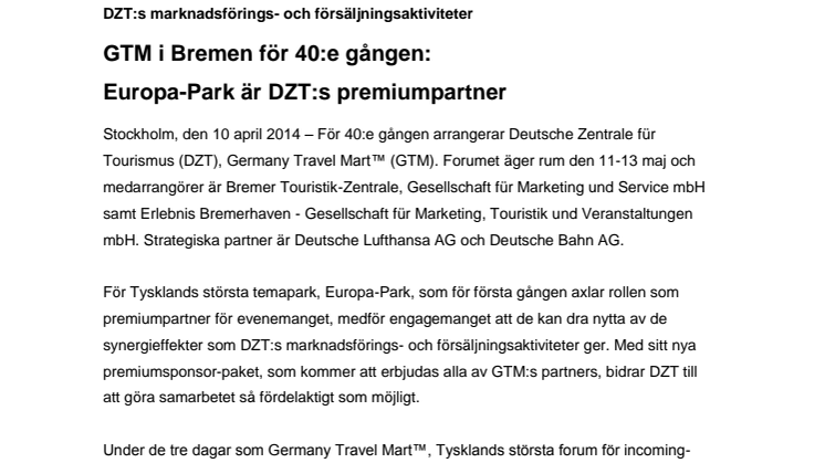 GTM i Bremen för 40:e gången – Europa-Park är DZT:s premiumpartner