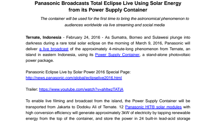 Panasonic Broadcasts Total Eclipse Live Using Solar Energy from its Power Supply Container