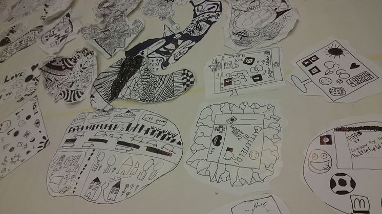 Några exempel på verk från den inledande konstworkshopen med eleverna i Osby