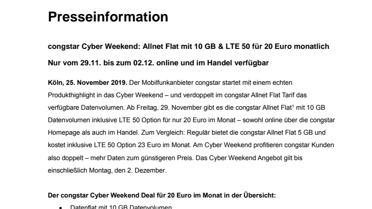 congstar Cyber Weekend: Allnet Flat mit 10 GB & LTE 50 für 20 Euro monatlich