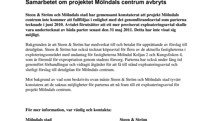 Samarbetet om projektet Mölndals centrum avbryts