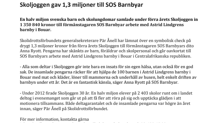 Skoljoggen gav 1,3 miljoner till SOS Barnbyar 
