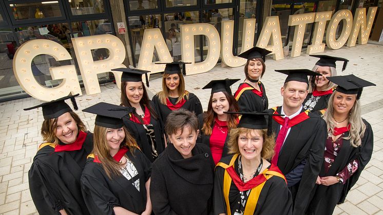 The first graduates pictured with Marie McKeown, practice placement facilitator, Northumbria Healthcare NHS Foundation Trust and Jane Douglas, Senior Lecturer, Northumbria University. Katy Crinson pictured middle row, far right.