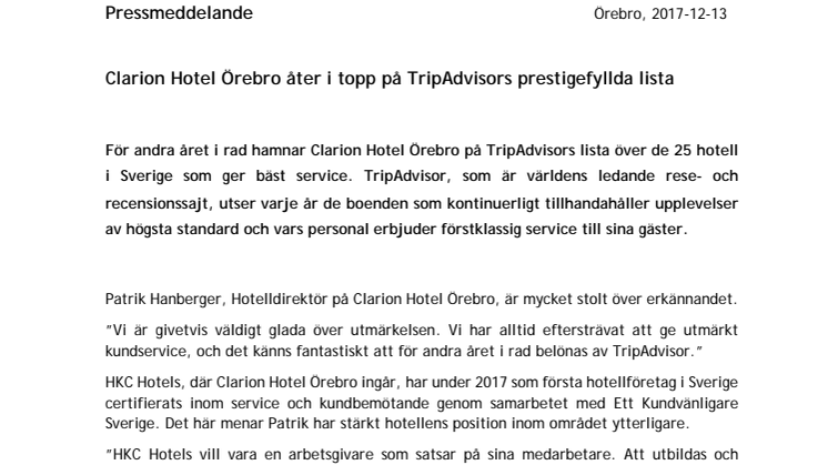 Clarion Hotel Örebro åter i topp på TripAdvisors prestigefyllda lista 