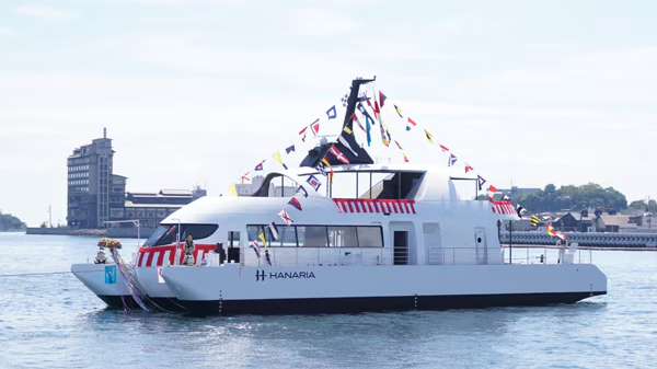 Yanmar is developing next-generation technologies towards decarbonization of marine powertrains. (Pictured: HANARIA equipped with a maritime hydrogen fuel cell system.)