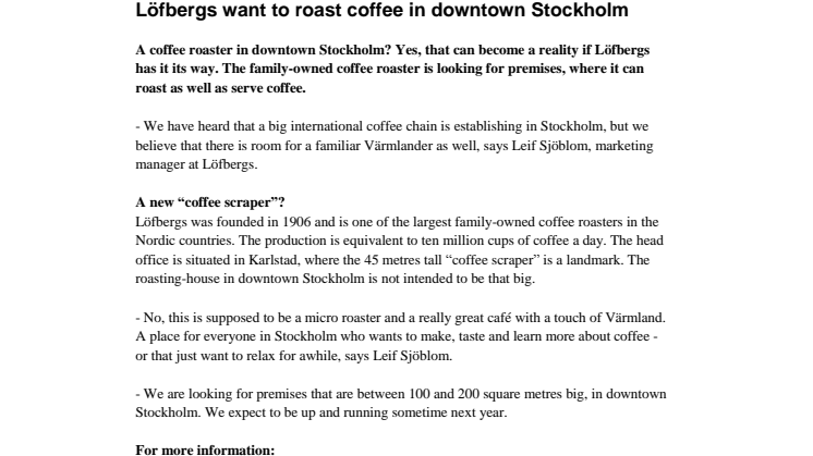 Löfbergs want to roast coffee in downtown Stockholm