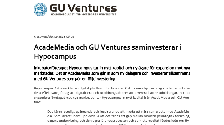 AcadeMedia och GU Ventures saminvesterar i Hypocampus