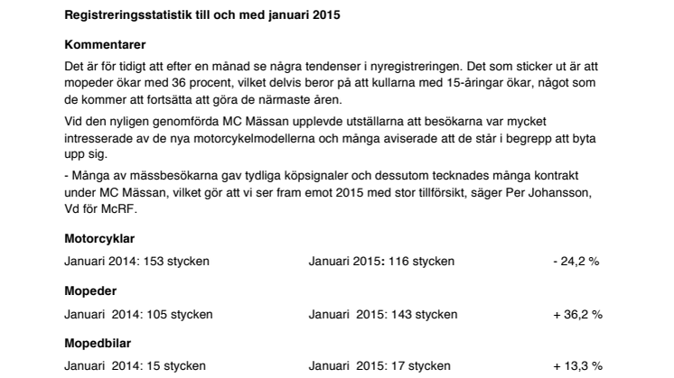 Nyregistreringsstatistik till och med januari 2015