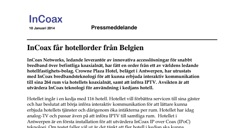 InCoax får hotellorder från Belgien