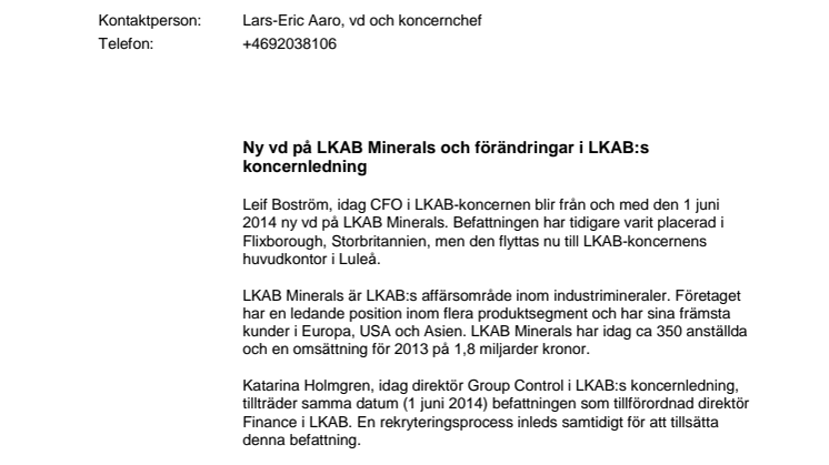 Ny vd på LKAB Minerals och förändringar i LKAB:s koncernledning 