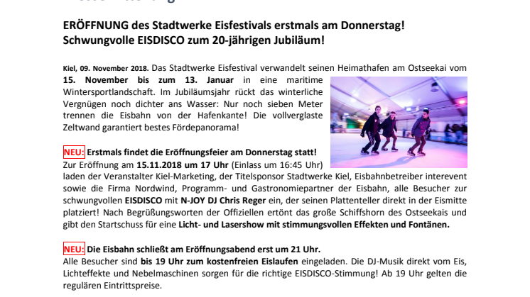 Stadtwerke Eisfestival feiert 20. jähriges Jubiläum - Eröffnung mit Eisdisco am 15.11.