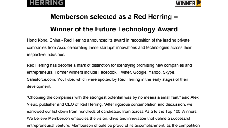 En Svensk Tiger i Asien – Memberson, Vinnare av Red Herring Future Technology Award