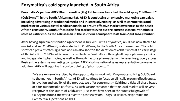 Enzymatica’s cold spray launched in South Africa