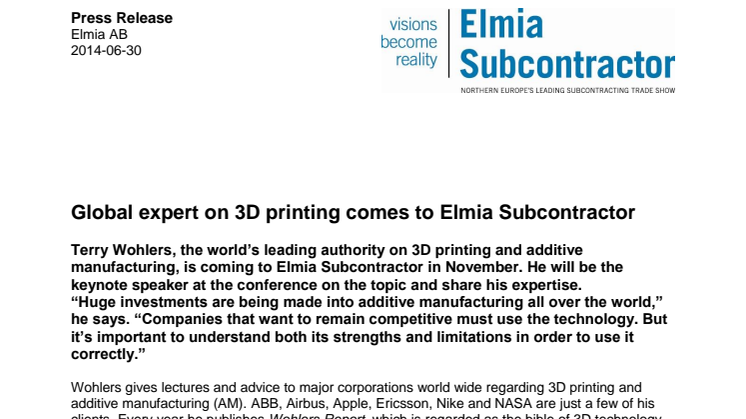 Global expert on 3D printing comes to Elmia Subcontractor