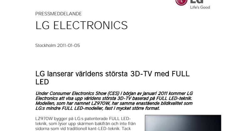 LG lanserar världens största 3D-TV med FULL LED 