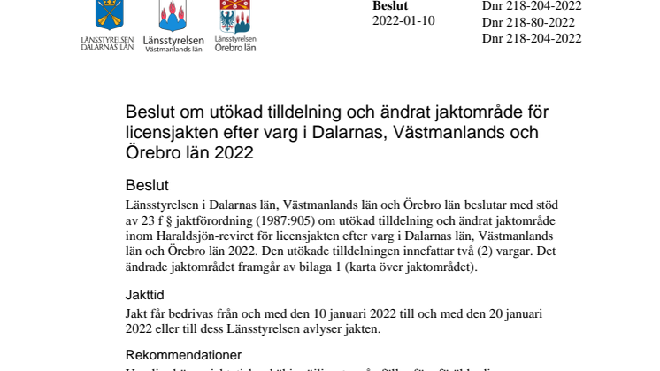 Beslut om utökad tilldelning och ändrat jaktområde för licensjakten efter varg i Dalarnas, Västmanlands och Örebro län 20220110.pdf
