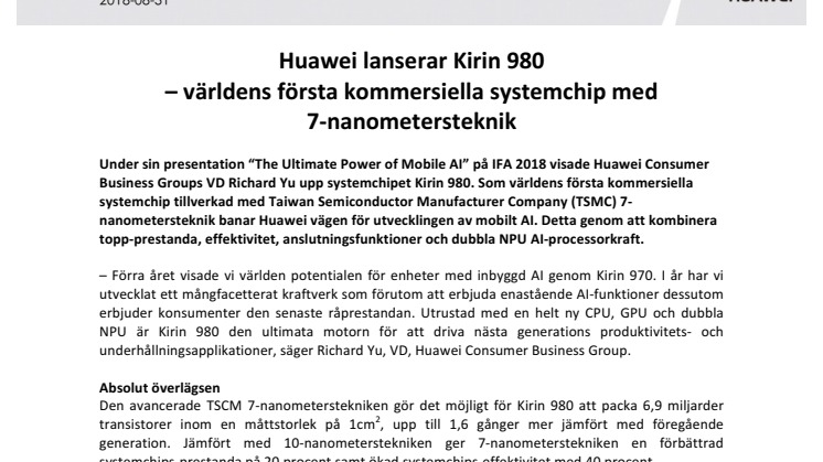 Huawei lanserar Kirin 980  – världens första kommersiella systemchip med  7-nanometersteknik
