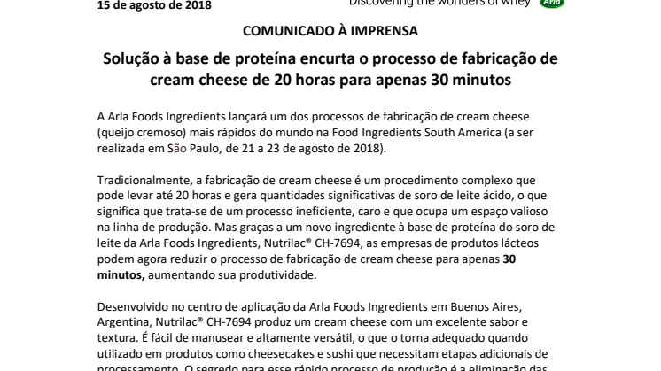 ​COMUNICADO À IMPRENSA – Solução à base de proteína encurta o processo de fabricação de cream cheese de 20 horas para apenas 30 minutos