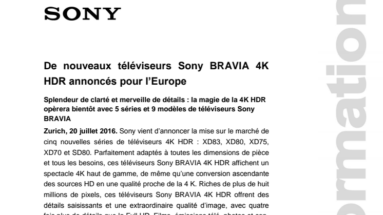 ​De nouveaux téléviseurs Sony BRAVIA 4K HDR annoncés pour l’Europe