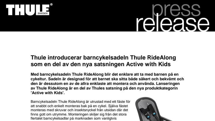 Thule introducerar barncykelsadeln Thule RideAlong som en del av den nya satsningen Active with Kids