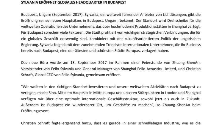 SYLVANIA ERÖFFNET GLOBALES HEADQUARTER IN BUDAPEST