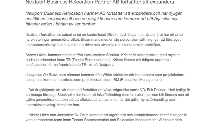 Nextport Business Relocation Partner AB fortsätter att expandera  
