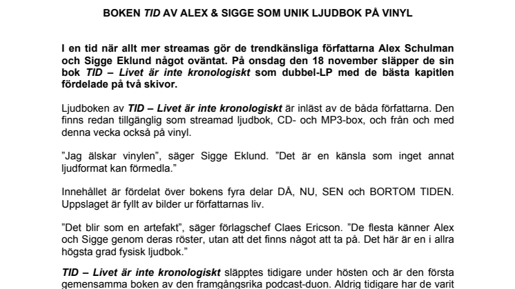 PRESSMEDDELANDE: Boken TID av Alex & Sigge som unik ljudbok på vinyl