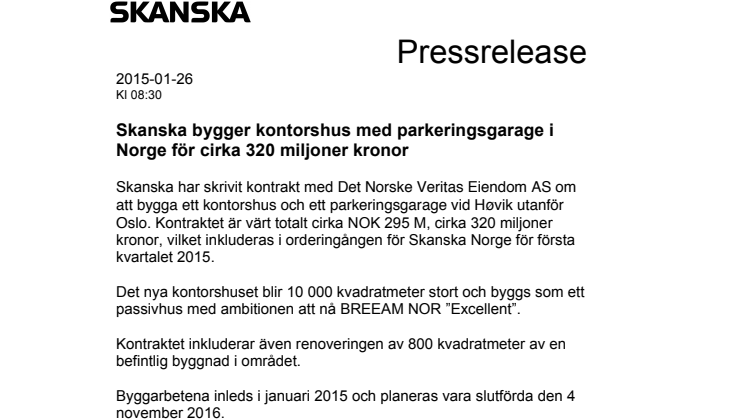 Skanska bygger kontorshus med parkeringsgarage i Norge för cirka 320 miljoner kronor