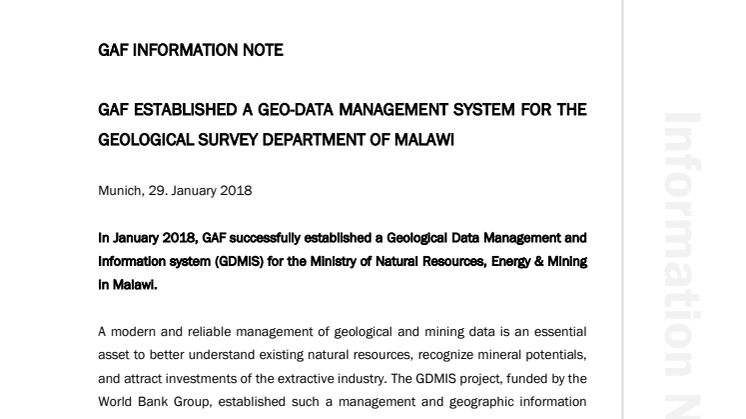 ​GAF ESTABLISHED A GEO-DATA MANAGEMENT SYSTEM FOR THE GEOLOGICAL SURVEY DEPARTMENT OF MALAWI