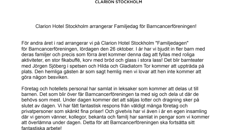 Clarion Hotel Stockholm arrangerar Familjedag för Barncancerföreningen! 