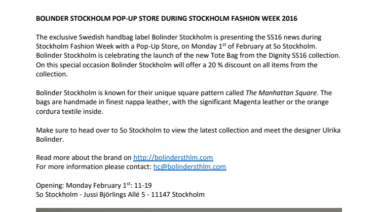 Svenska väskmärket Bolinder Stockholm visar under Stockholm Fashion Week