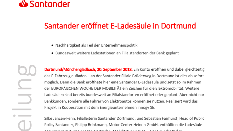 Santander eröffnet E-Ladesäule in Dortmund
