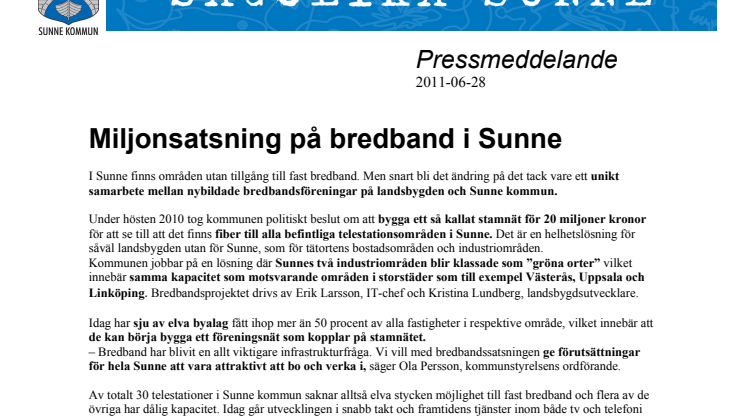 Miljonsatsning på bredband i Sunne
