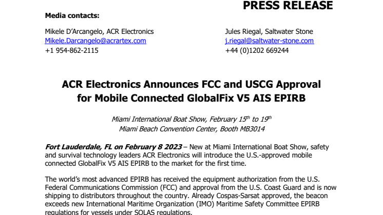 Miami 2023 - ACR Electronics Announces FCC and USCG Approval for Mobile Connected GlobalFix V5 AIS EPIRB.pdf