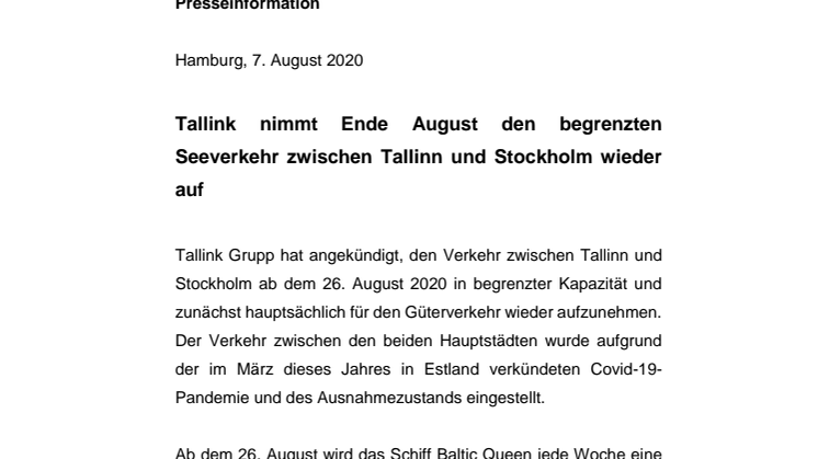 Tallink nimmt Ende August den begrenzten Seeverkehr zwischen Tallinn und Stockholm wieder auf