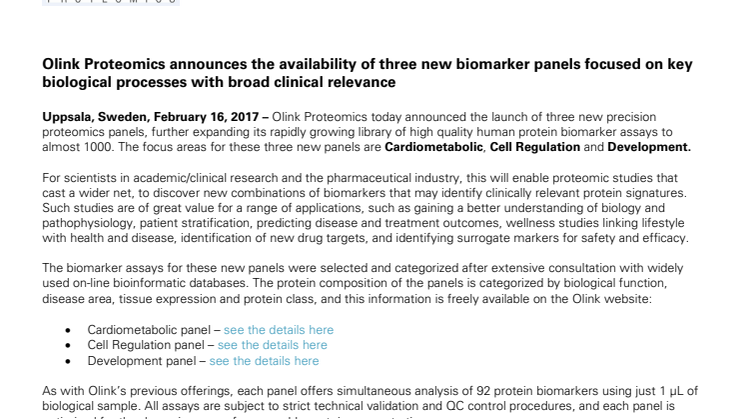 Olink Proteomics announces the availability of three additional biomarker panels focused on key biological processes with broad clinical relevance