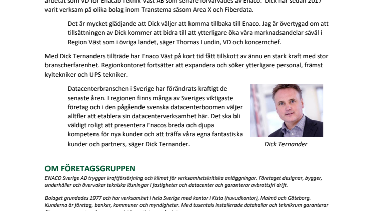 Dick Ternander ny Regionchef Väst på ENACO Sverige AB